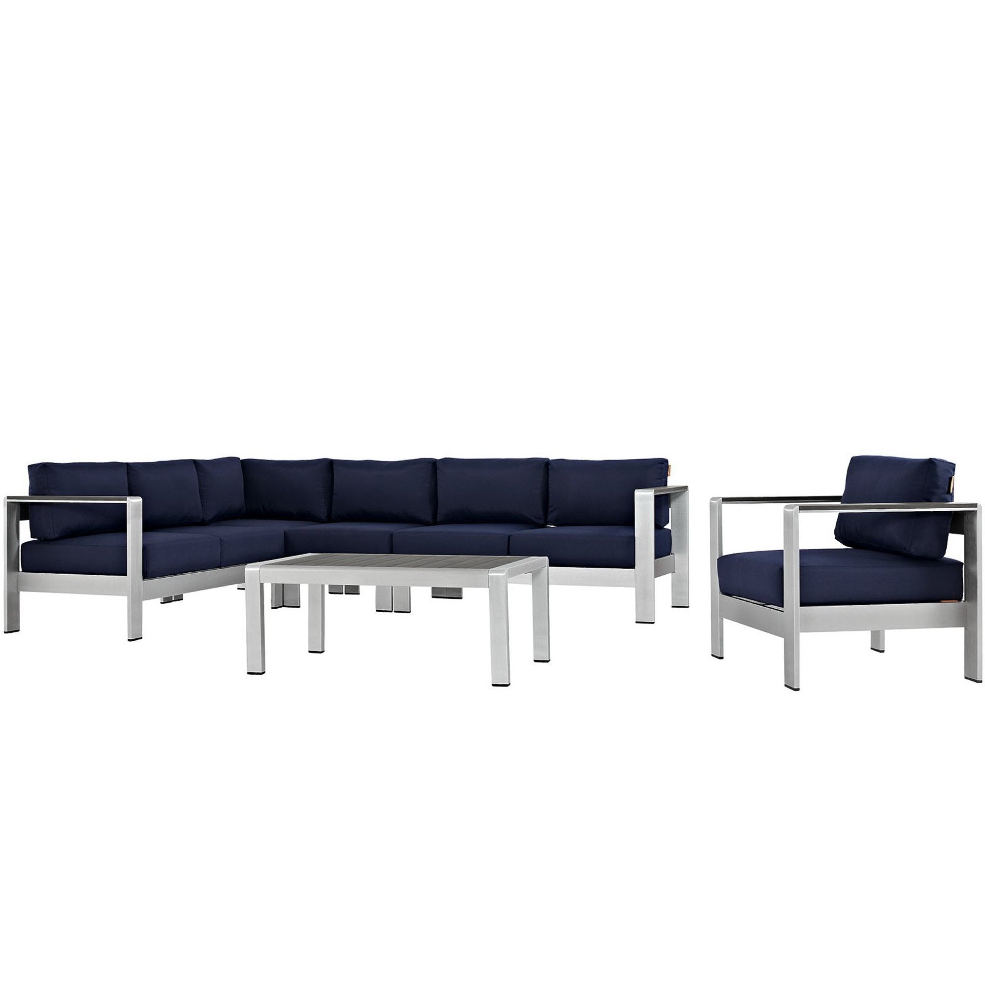 Shore 6 Piece Outdoor Patio Aluminum Sectional Sofa Set - Silver Navy (Armchair, Armless Chair, Coffee Table, Corner Sofa, Loveseat, Right-Arm Loveseat)