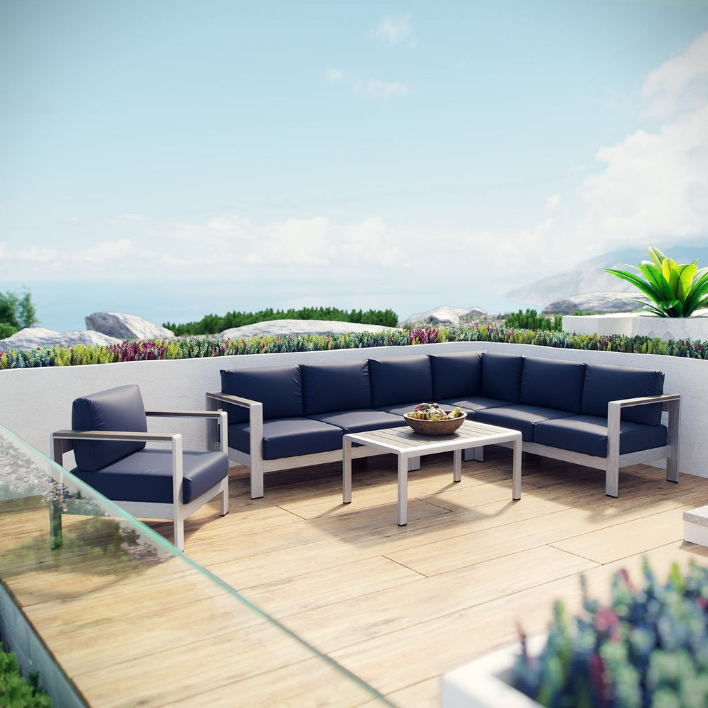 Shore 6 Piece Outdoor Patio Aluminum Sectional Sofa Set - Silver Navy (Armchair, Armless Chair, Coffee Table, Corner Sofa, Loveseat, Right-Arm Loveseat)
