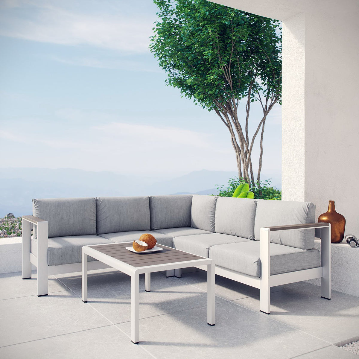 Shore 4 Piece Outdoor Patio Aluminum Sectional Sofa Set - Silver Gray (Coffee Table, Corner Sofa, Loveseat, Right-Arm Loveseat)