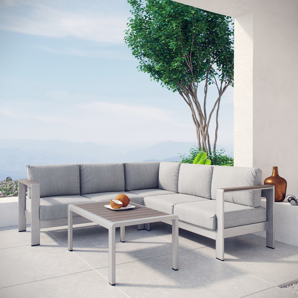 Shore 4 Piece Outdoor Patio Aluminum Sectional Sofa Set - Silver Gray (Coffee Table, Corner Sofa, Loveseat, Right-Arm Loveseat)