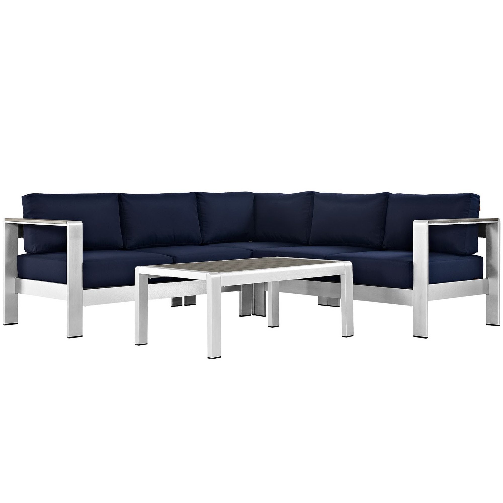 Shore 4 Piece Outdoor Patio Aluminum Sectional Sofa Set - Silver Navy (Coffee Table, Corner Sofa, Loveseat, Right-Arm Loveseat)