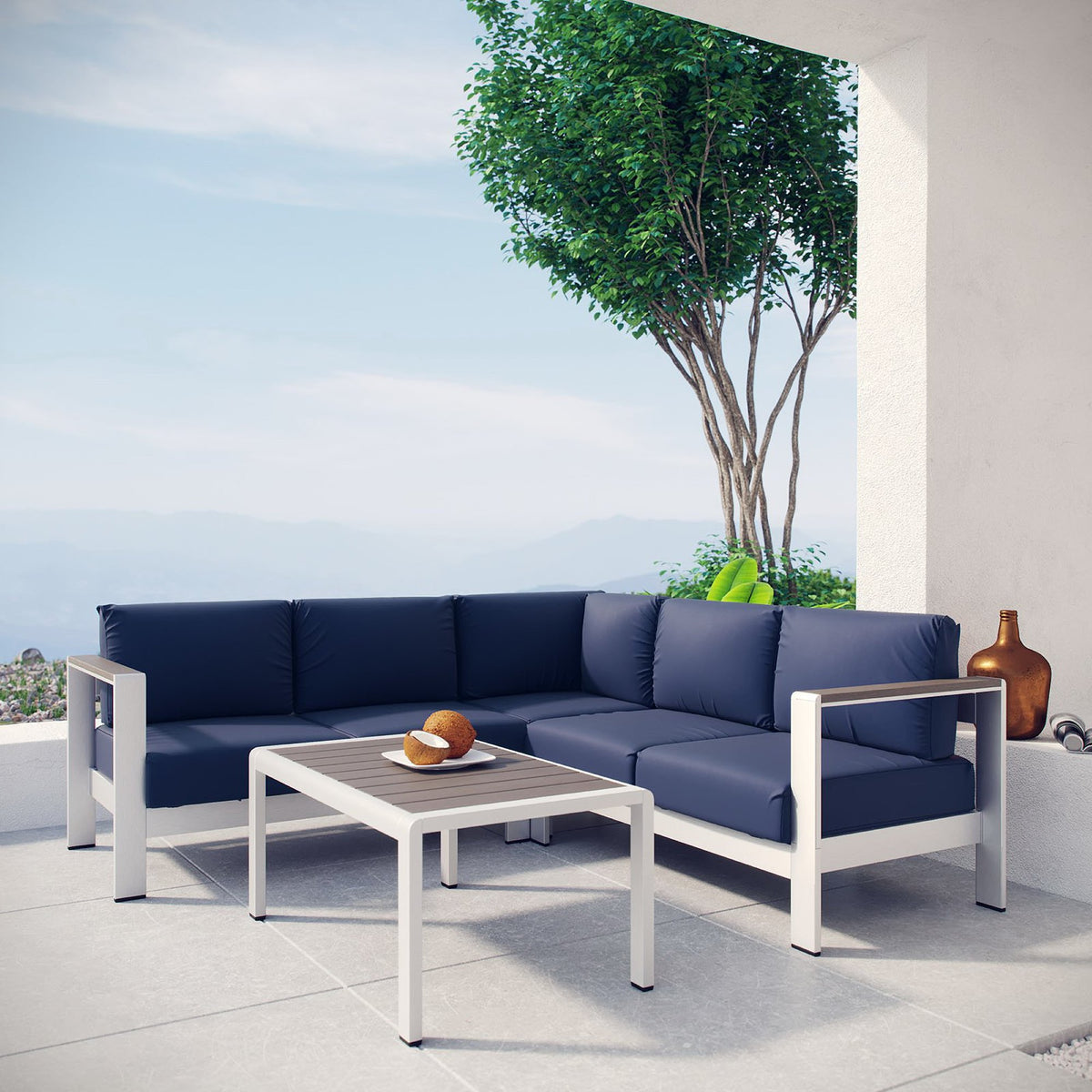 Shore 4 Piece Outdoor Patio Aluminum Sectional Sofa Set - Silver Navy (Coffee Table, Corner Sofa, Loveseat, Right-Arm Loveseat)