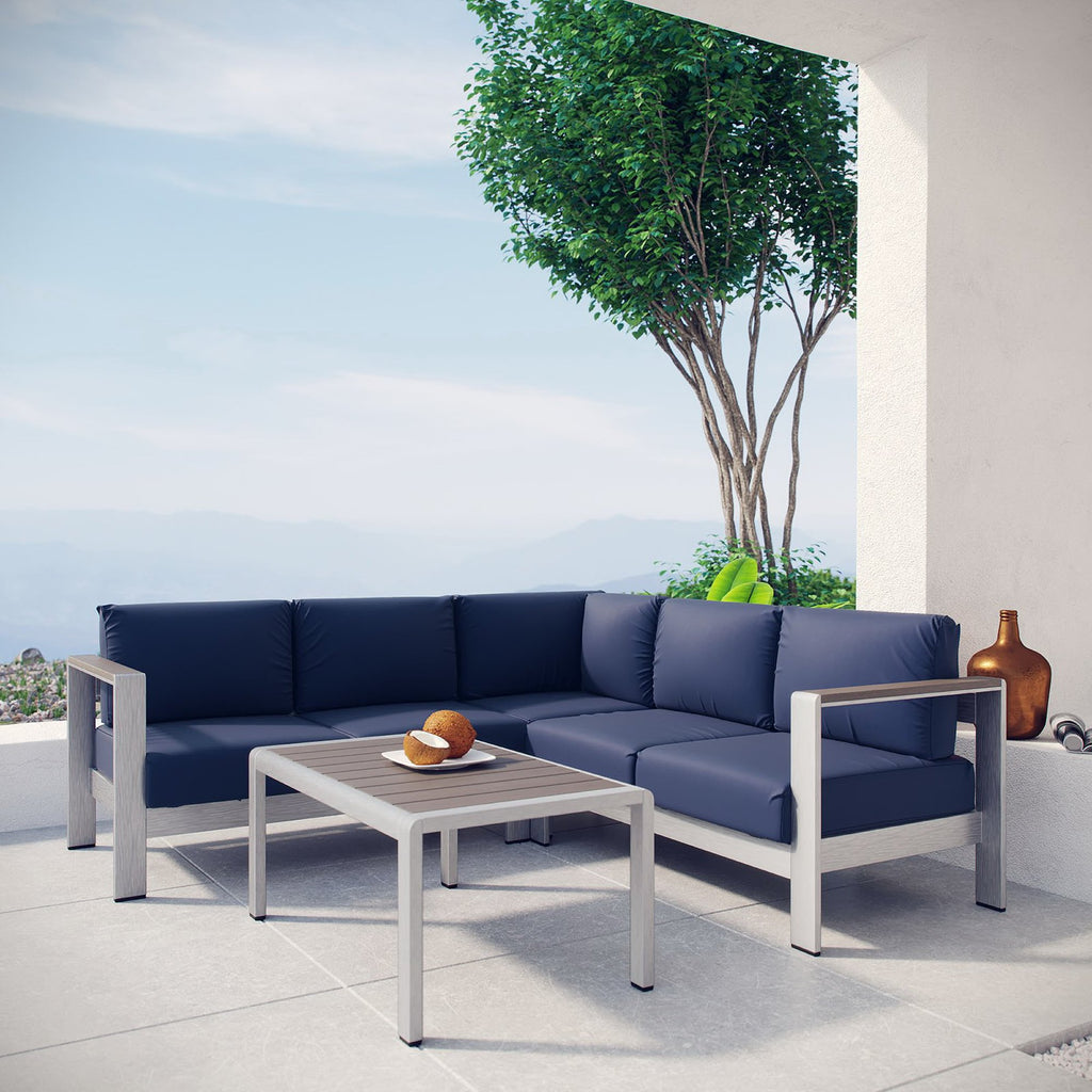 Shore 4 Piece Outdoor Patio Aluminum Sectional Sofa Set - Silver Navy (Coffee Table, Corner Sofa, Loveseat, Right-Arm Loveseat)