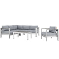 Shore 5 Piece Outdoor Patio Aluminum Sectional Sofa Set - Silver Gray (Armchair, Coffee Table, Corner Sofa, Loveseat, Right-Arm Loveseat)