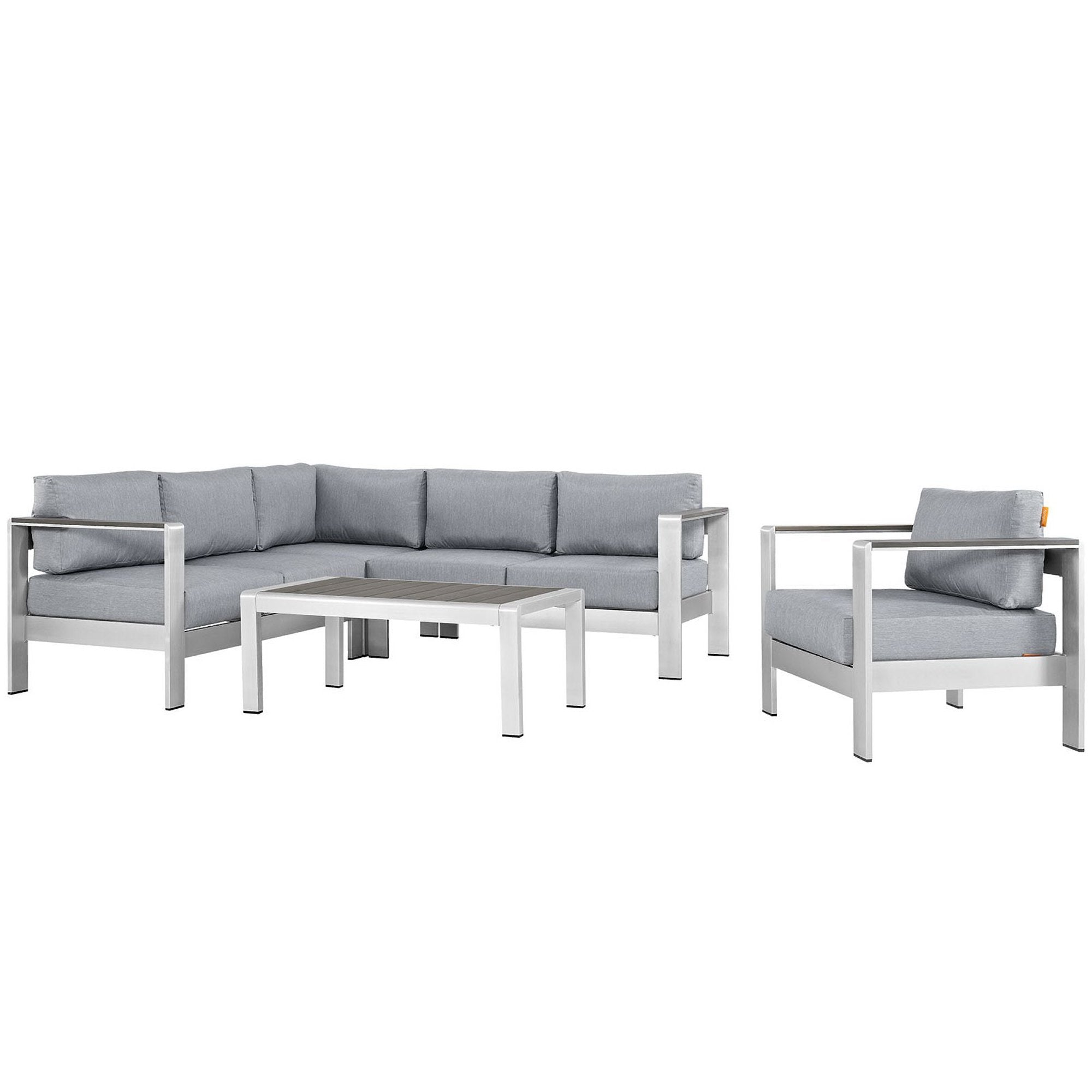 Shore 5 Piece Outdoor Patio Aluminum Sectional Sofa Set - Silver Gray (Armchair, Coffee Table, Corner Sofa, Loveseat, Right-Arm Loveseat)