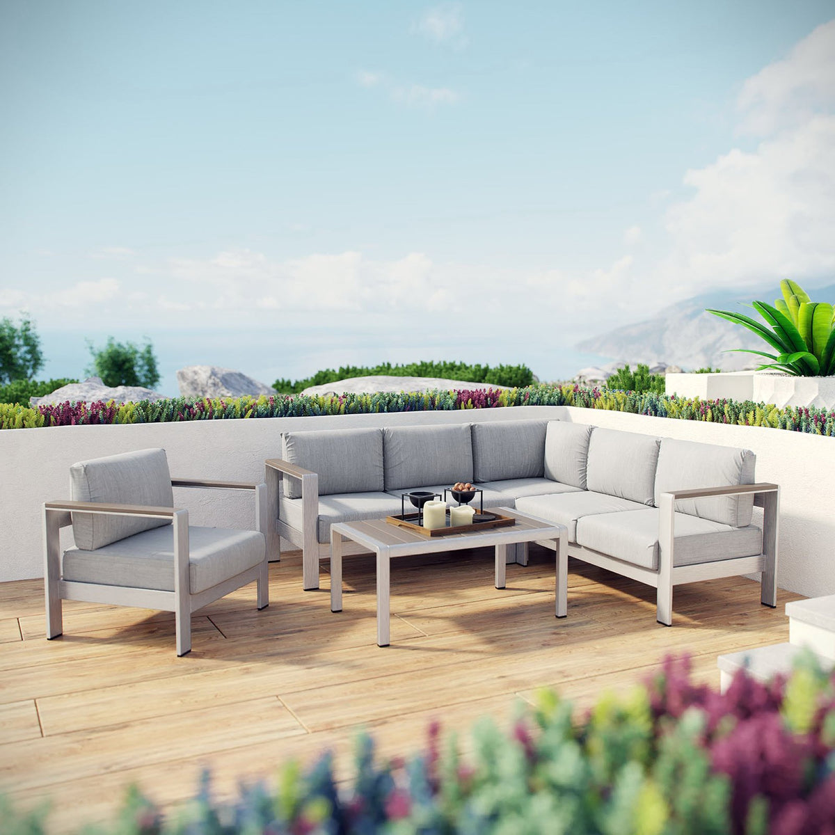 Shore 5 Piece Outdoor Patio Aluminum Sectional Sofa Set - Silver Gray (Armchair, Coffee Table, Corner Sofa, Loveseat, Right-Arm Loveseat)