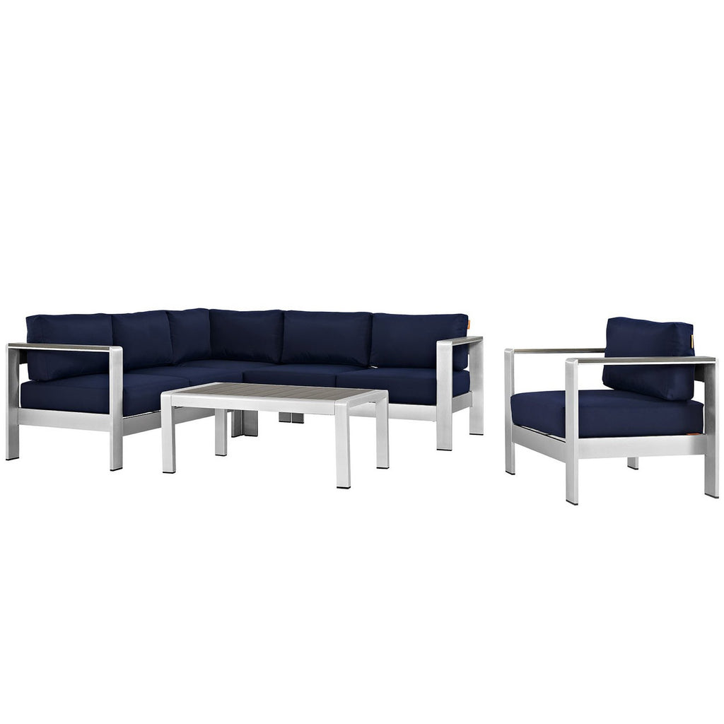 Shore 5 Piece Outdoor Patio Aluminum Sectional Sofa Set - Silver Navy (Armchair, Coffee Table, Corner Sofa, Loveseat, Right-Arm Loveseat)
