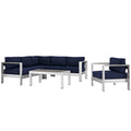 Shore 5 Piece Outdoor Patio Aluminum Sectional Sofa Set - Silver Navy (Armchair, Coffee Table, Corner Sofa, Loveseat, Right-Arm Loveseat)