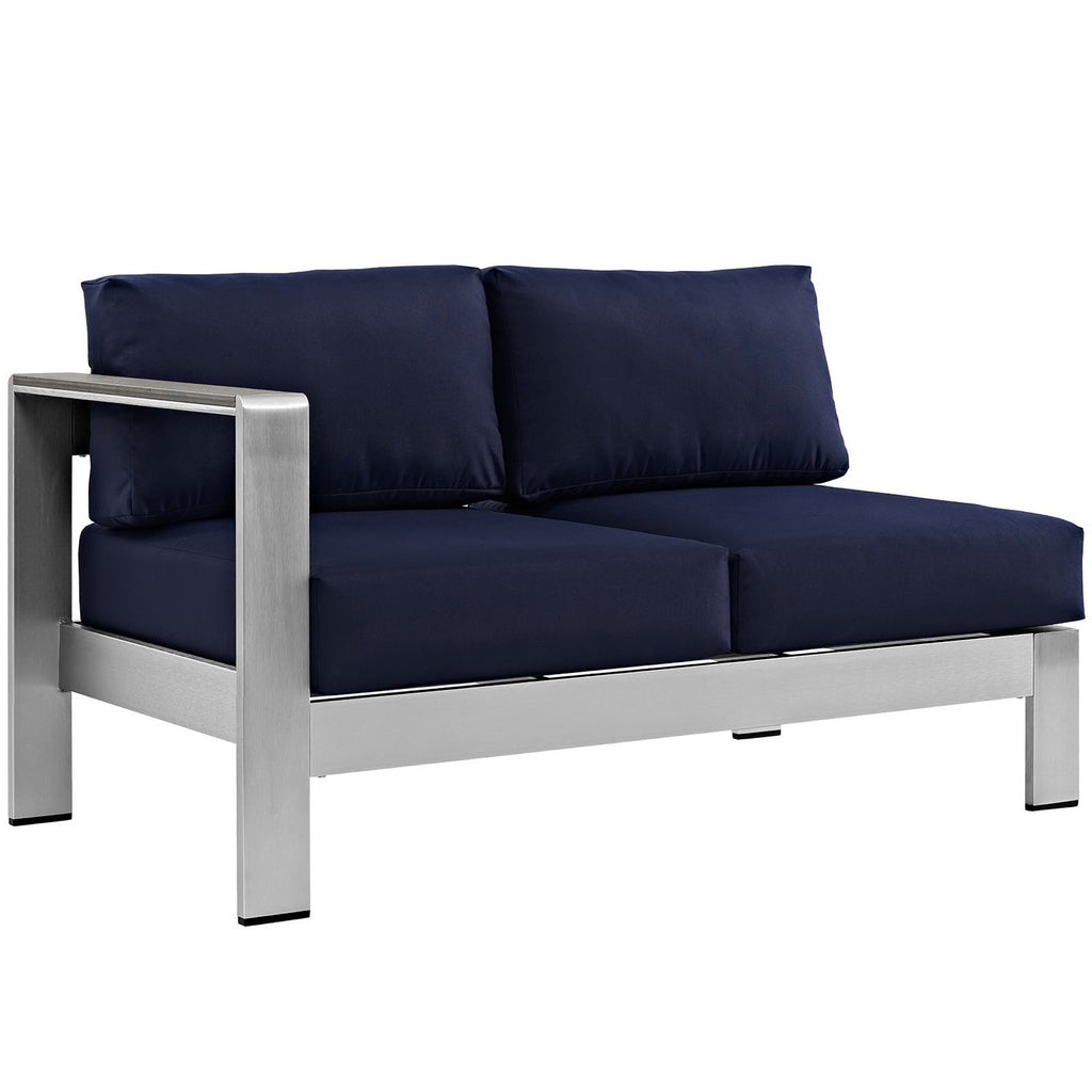 Shore 5 Piece Outdoor Patio Aluminum Sectional Sofa Set - Silver Navy (Armchair, Coffee Table, Corner Sofa, Loveseat, Right-Arm Loveseat)