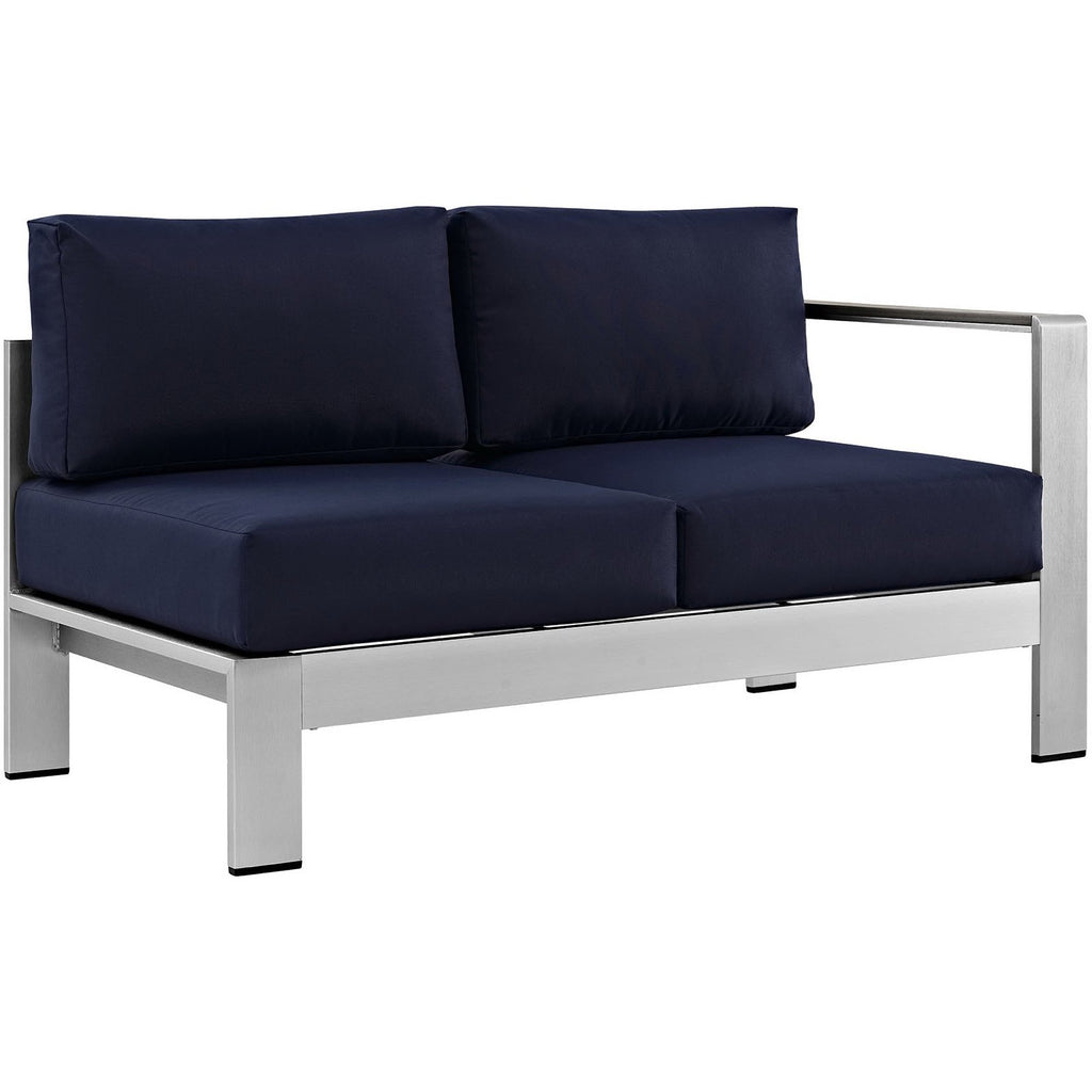 Shore 5 Piece Outdoor Patio Aluminum Sectional Sofa Set - Silver Navy (Armchair, Coffee Table, Corner Sofa, Loveseat, Right-Arm Loveseat)