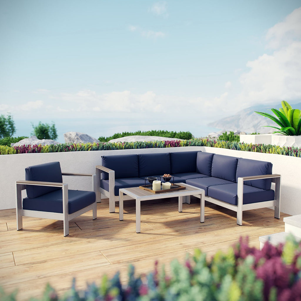 Shore 5 Piece Outdoor Patio Aluminum Sectional Sofa Set - Silver Navy (Armchair, Coffee Table, Corner Sofa, Loveseat, Right-Arm Loveseat)