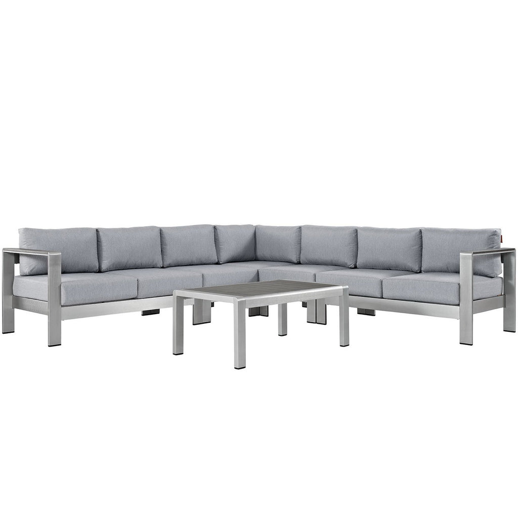 Shore 6 Piece Outdoor Patio Aluminum Sectional Sofa Set - Silver Gray (2 Armless Chairs, Coffee Table, Corner Sofa, Loveseat, Right-Arm Loveseat)