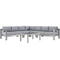 Shore 6 Piece Outdoor Patio Aluminum Sectional Sofa Set - Silver Gray (2 Armless Chairs, Coffee Table, Corner Sofa, Loveseat, Right-Arm Loveseat)