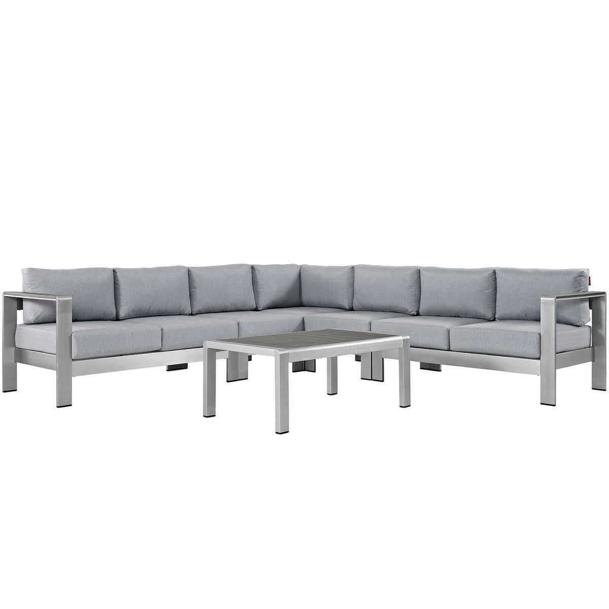 Shore 6 Piece Outdoor Patio Aluminum Sectional Sofa Set - Silver Gray (2 Armless Chairs, Coffee Table, Corner Sofa, Loveseat, Right-Arm Loveseat)