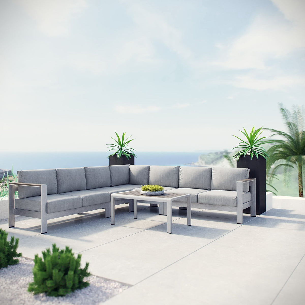 Shore 6 Piece Outdoor Patio Aluminum Sectional Sofa Set - Silver Gray (2 Armless Chairs, Coffee Table, Corner Sofa, Loveseat, Right-Arm Loveseat)