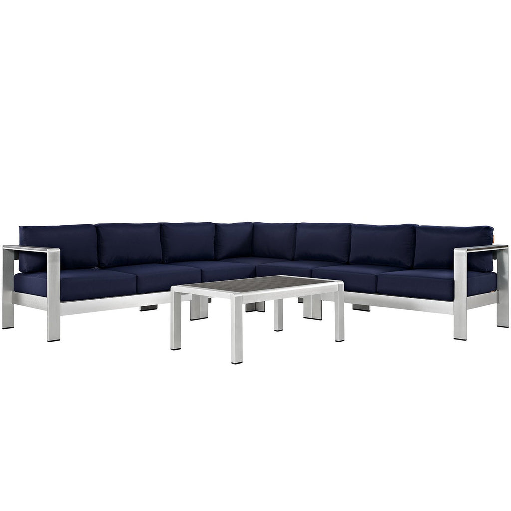Shore 6 Piece Outdoor Patio Aluminum Sectional Sofa Set - Silver Navy (2 Armless Chairs, Coffee Table, Corner Sofa, Loveseat, Right-Arm Loveseat)