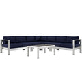 Shore 6 Piece Outdoor Patio Aluminum Sectional Sofa Set - Silver Navy (2 Armless Chairs, Coffee Table, Corner Sofa, Loveseat, Right-Arm Loveseat)
