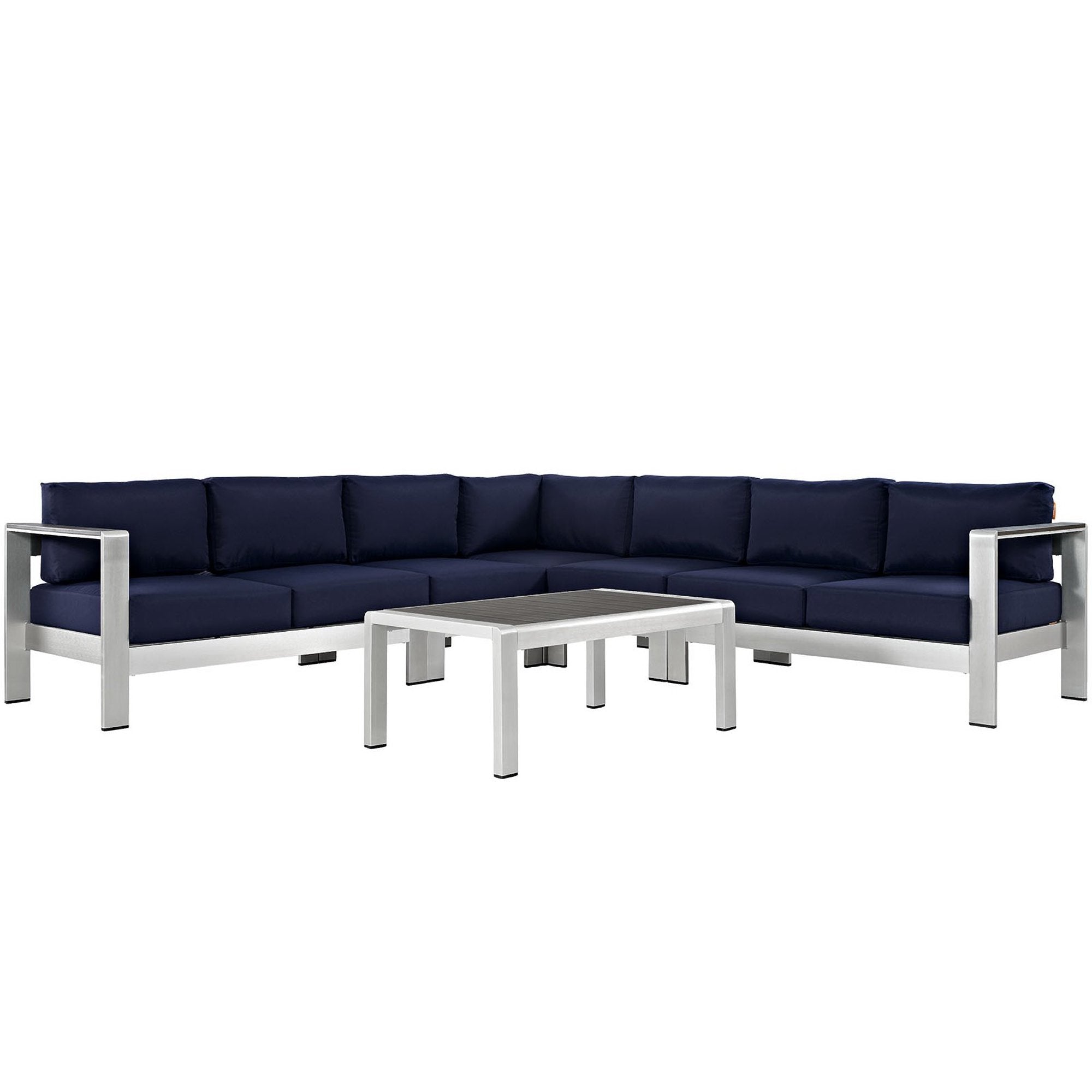 Shore 6 Piece Outdoor Patio Aluminum Sectional Sofa Set - Silver Navy (2 Armless Chairs, Coffee Table, Corner Sofa, Loveseat, Right-Arm Loveseat)