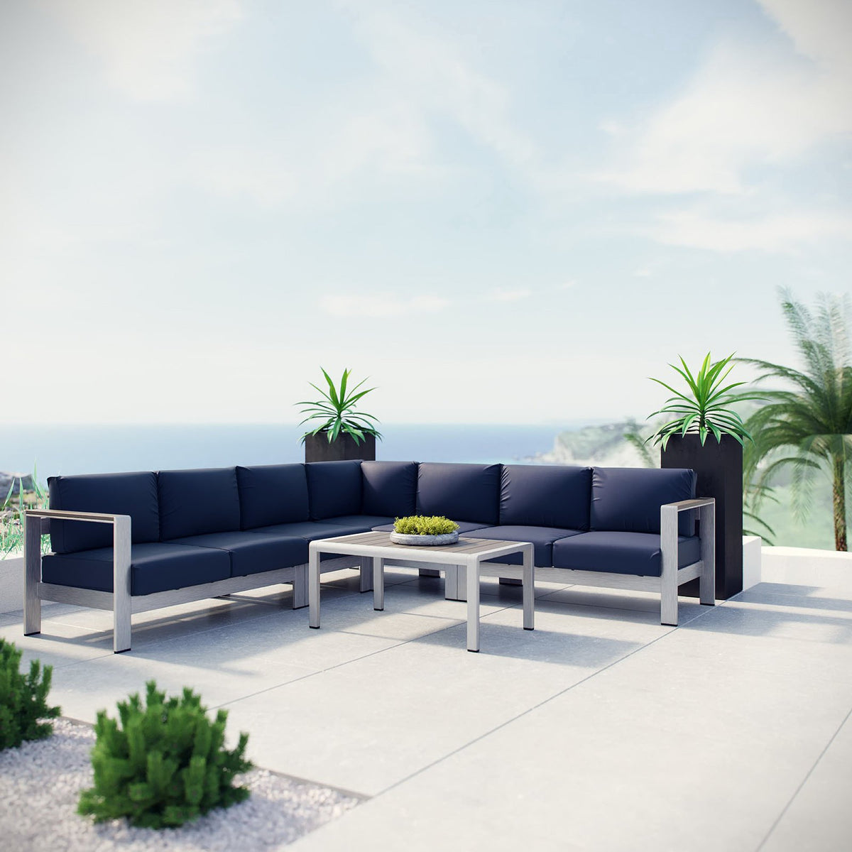 Shore 6 Piece Outdoor Patio Aluminum Sectional Sofa Set - Silver Navy (2 Armless Chairs, Coffee Table, Corner Sofa, Loveseat, Right-Arm Loveseat)