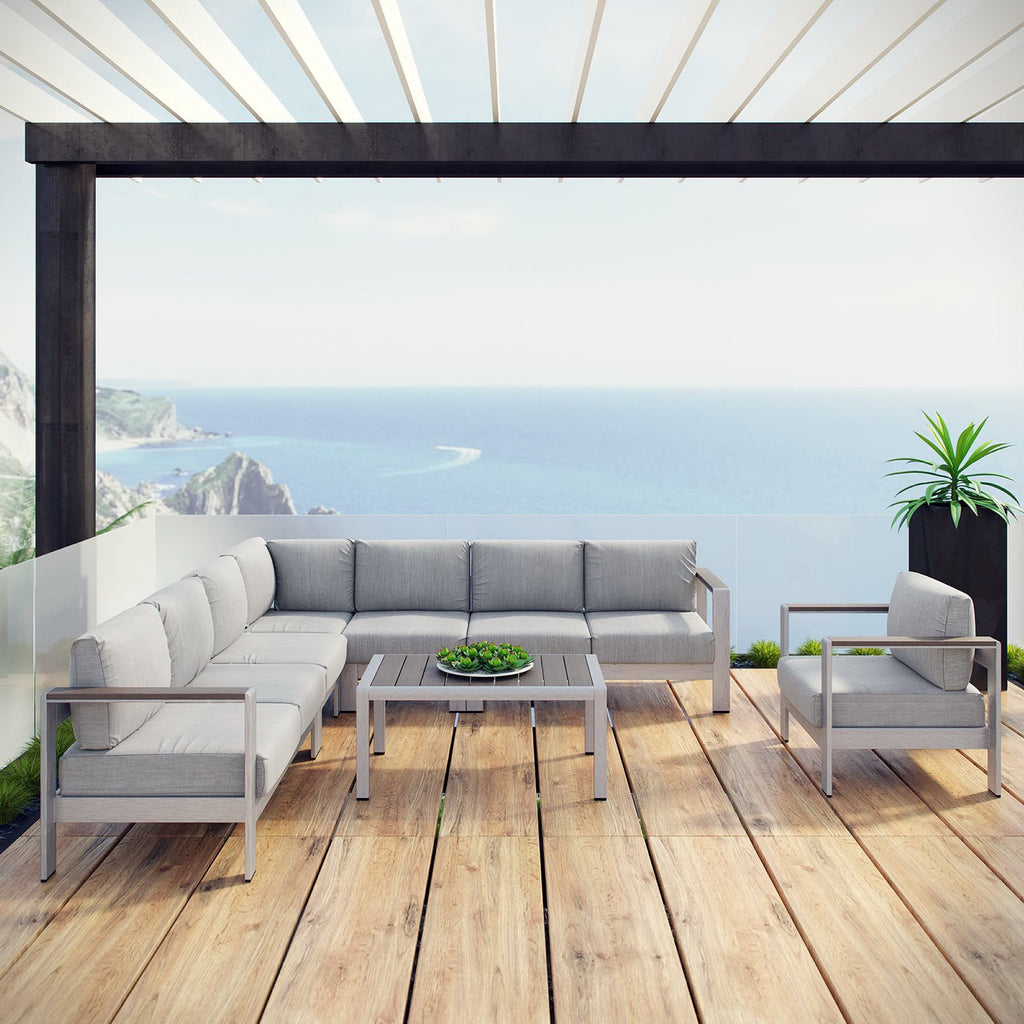 Shore 7 Piece Outdoor Patio Aluminum Sectional Sofa Set - Silver Gray