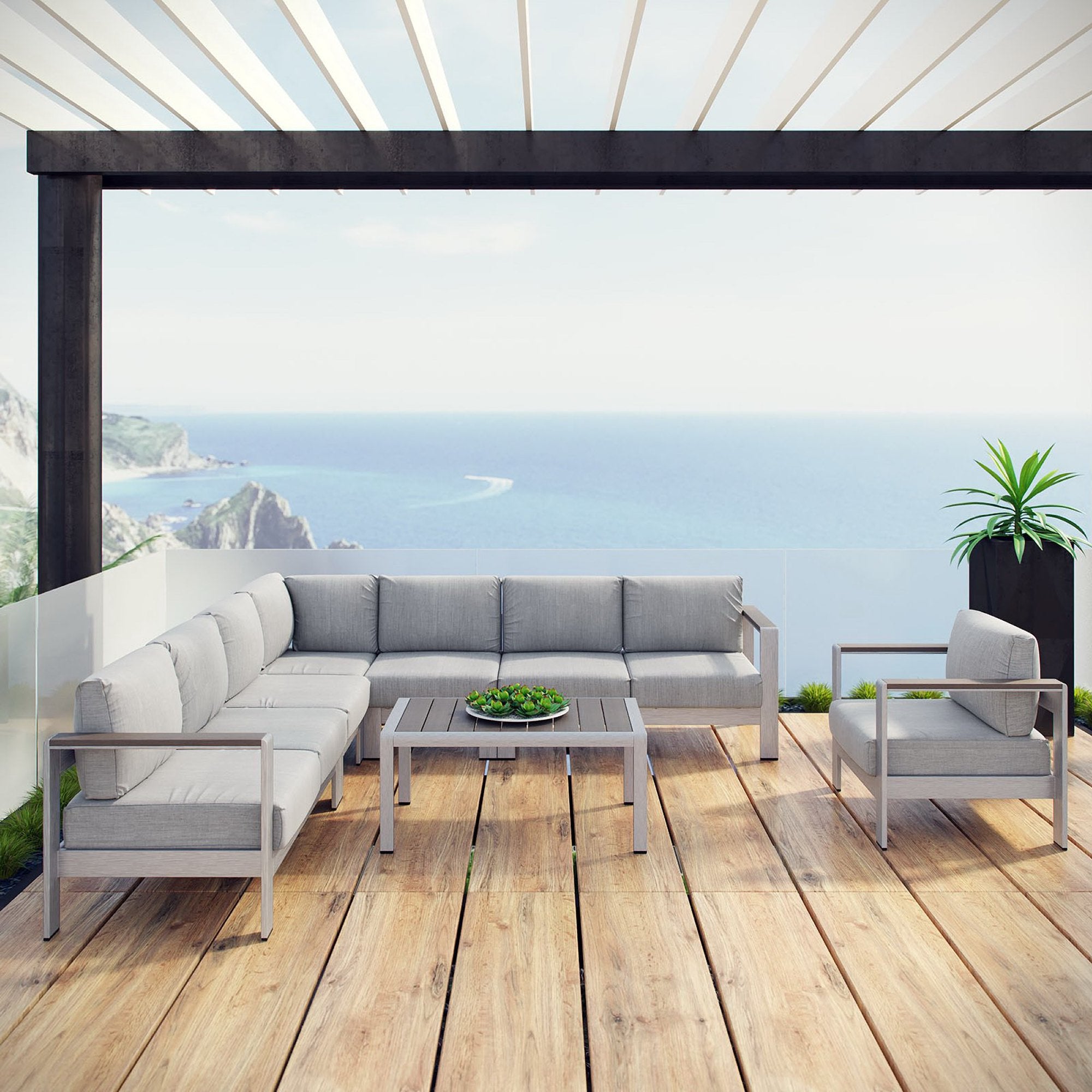 Shore 7 Piece Outdoor Patio Aluminum Sectional Sofa Set - Silver Gray