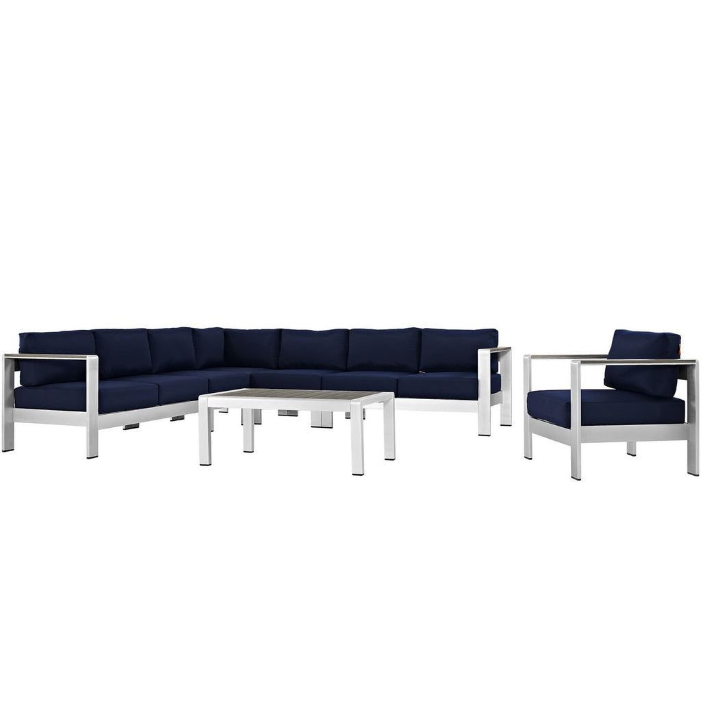 Shore 7 Piece Outdoor Patio Aluminum Sectional Sofa Set - Silver Navy