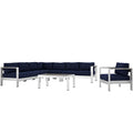 Shore 7 Piece Outdoor Patio Aluminum Sectional Sofa Set - Silver Navy
