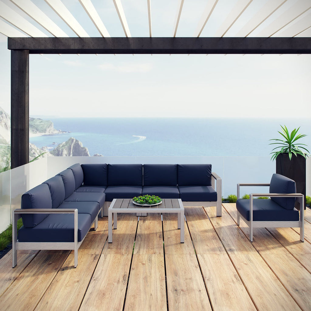 Shore 7 Piece Outdoor Patio Aluminum Sectional Sofa Set - Silver Navy