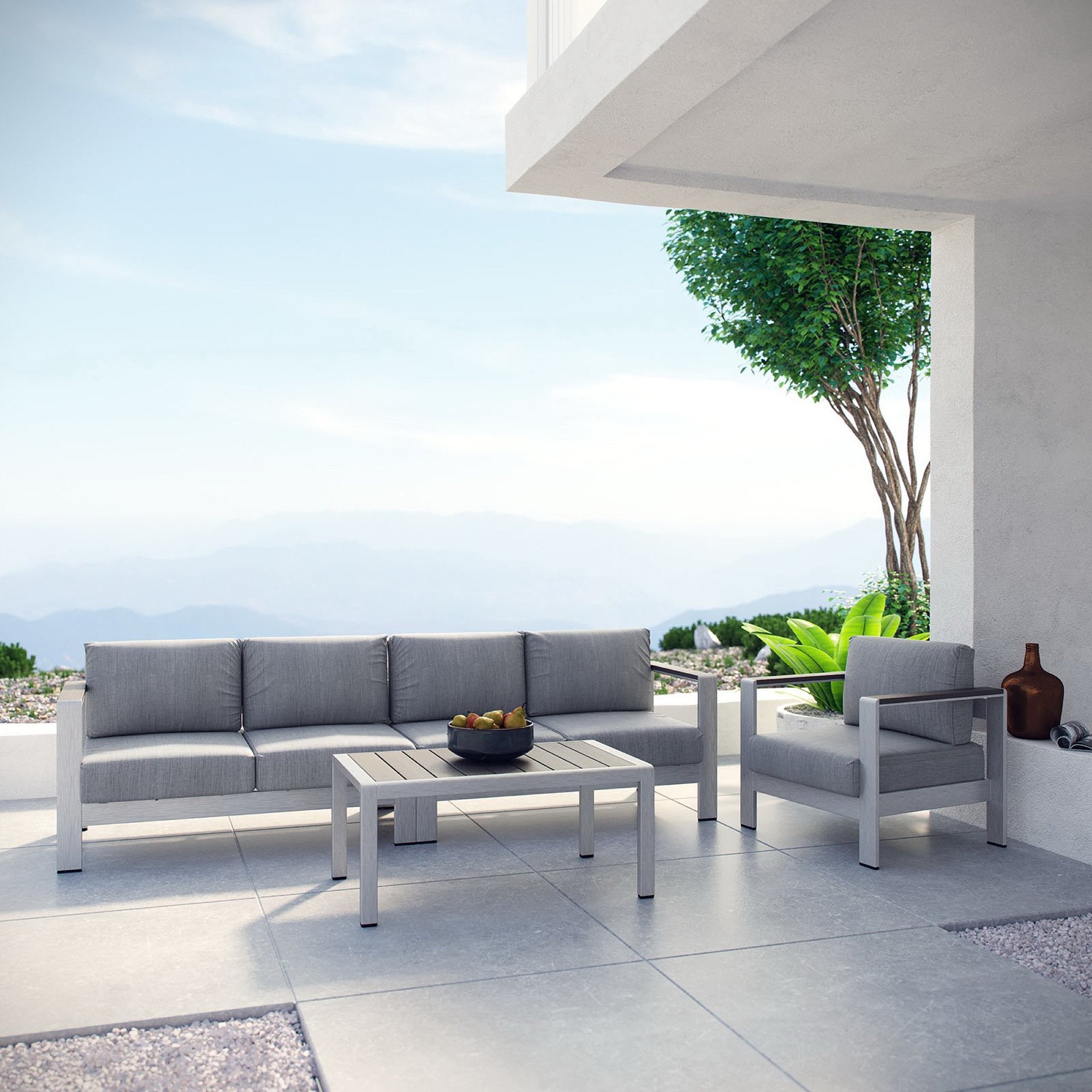 Shore 4 Piece Outdoor Patio Aluminum Sectional Sofa Set - Silver Gray (Armchair, Coffee Table, Loveseat, Right-Arm Loveseat)