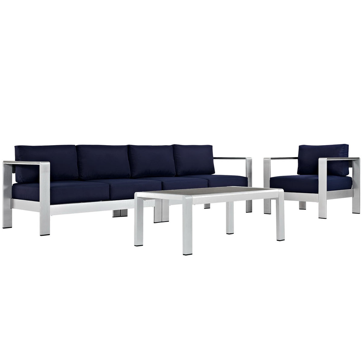 Shore 4 Piece Outdoor Patio Aluminum Sectional Sofa Set - Silver Navy (Armchair, Coffee Table, Loveseat, Right-Arm Loveseat)