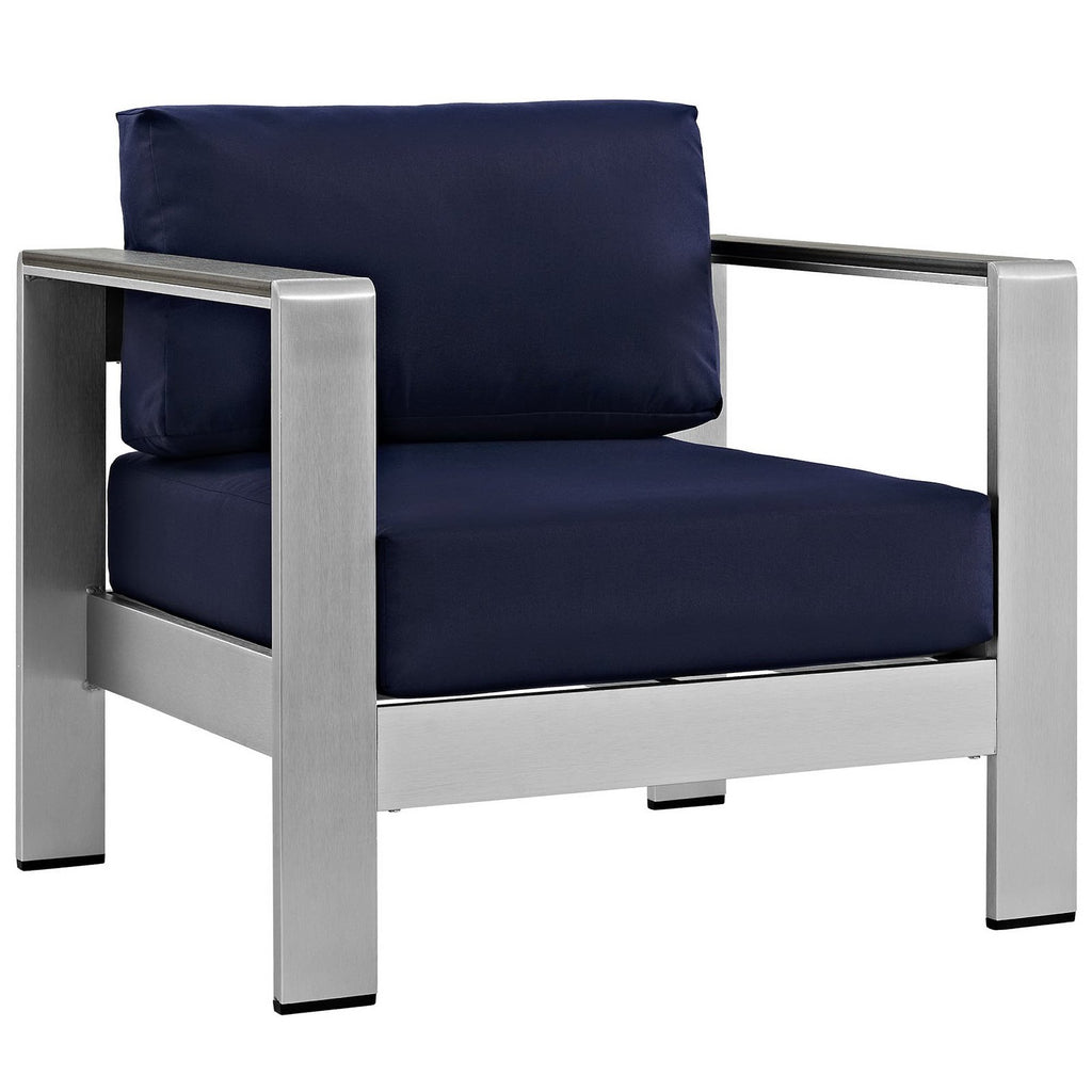 Shore 4 Piece Outdoor Patio Aluminum Sectional Sofa Set - Silver Navy (Armchair, Coffee Table, Loveseat, Right-Arm Loveseat)