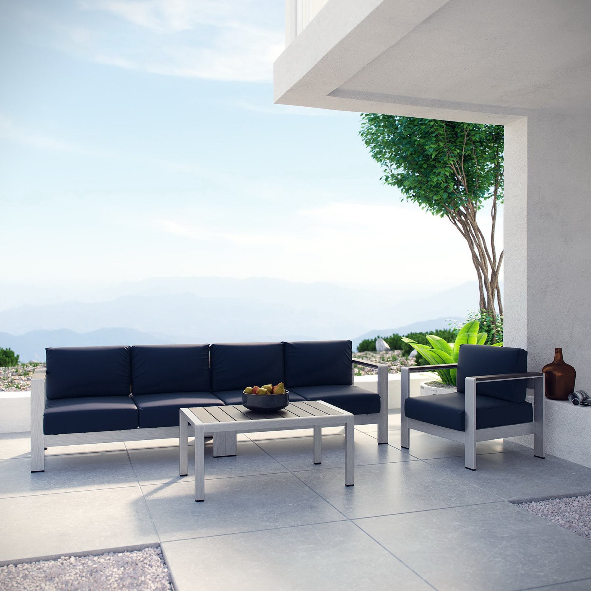 Shore 4 Piece Outdoor Patio Aluminum Sectional Sofa Set - Silver Navy (Armchair, Coffee Table, Loveseat, Right-Arm Loveseat)