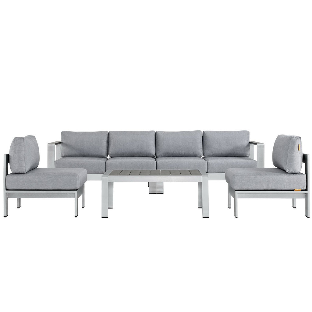 Shore 5 Piece Outdoor Patio Aluminum Sectional Sofa Set - Silver Gray (2 Armless Chairs, Coffee Table, Loveseat, Right-Arm Loveseat)