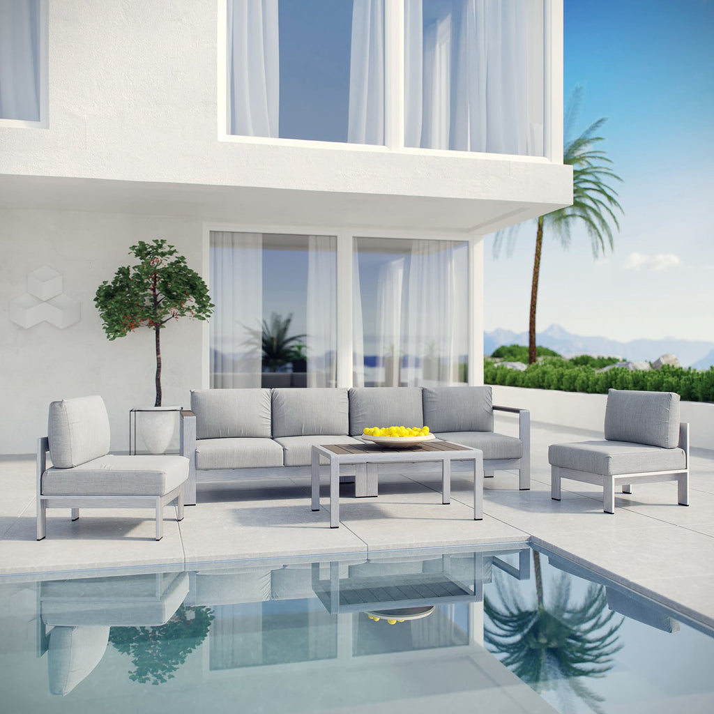 Shore 5 Piece Outdoor Patio Aluminum Sectional Sofa Set - Silver Gray (2 Armless Chairs, Coffee Table, Loveseat, Right-Arm Loveseat)