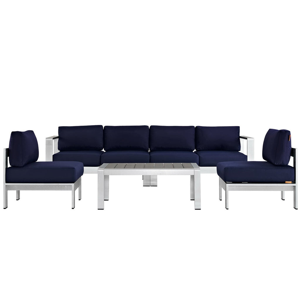 Shore 5 Piece Outdoor Patio Aluminum Sectional Sofa Set - Silver Navy (2 Armless Chairs, Coffee Table, Loveseat, Right-Arm Loveseat)