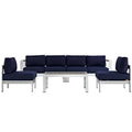 Shore 5 Piece Outdoor Patio Aluminum Sectional Sofa Set - Silver Navy (2 Armless Chairs, Coffee Table, Loveseat, Right-Arm Loveseat)