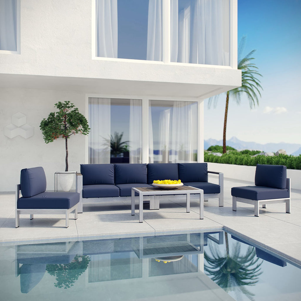 Shore 5 Piece Outdoor Patio Aluminum Sectional Sofa Set - Silver Navy (2 Armless Chairs, Coffee Table, Loveseat, Right-Arm Loveseat)