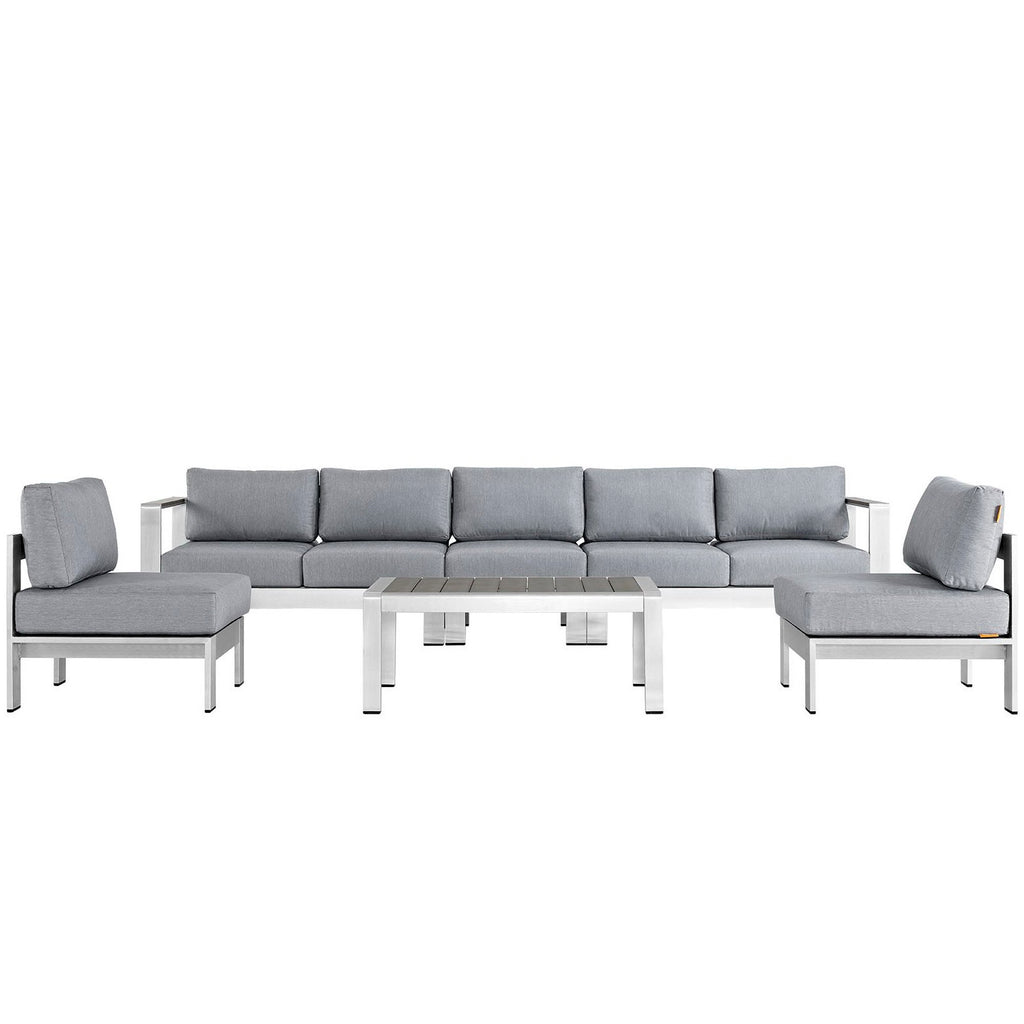 Shore 6 Piece Outdoor Patio Aluminum Sectional Sofa Set - Silver Gray (3 Armless Chairs, Coffee Table, Loveseat, Right-Arm Loveseat)