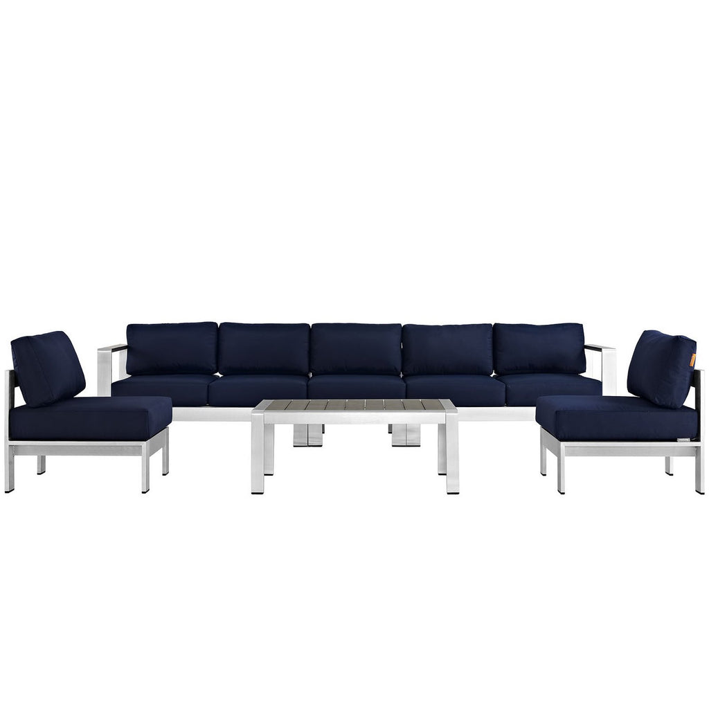 Shore 6 Piece Outdoor Patio Aluminum Sectional Sofa Set - Silver Navy (3 Armless Chairs, Coffee Table, Loveseat, Right-Arm Loveseat)