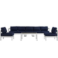 Shore 6 Piece Outdoor Patio Aluminum Sectional Sofa Set - Silver Navy (3 Armless Chairs, Coffee Table, Loveseat, Right-Arm Loveseat)