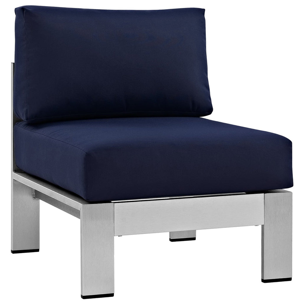 Shore 6 Piece Outdoor Patio Aluminum Sectional Sofa Set - Silver Navy (3 Armless Chairs, Coffee Table, Loveseat, Right-Arm Loveseat)