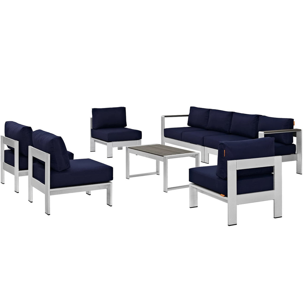 Shore 7 Piece Outdoor Patio Sectional Sofa Set - Silver Navy