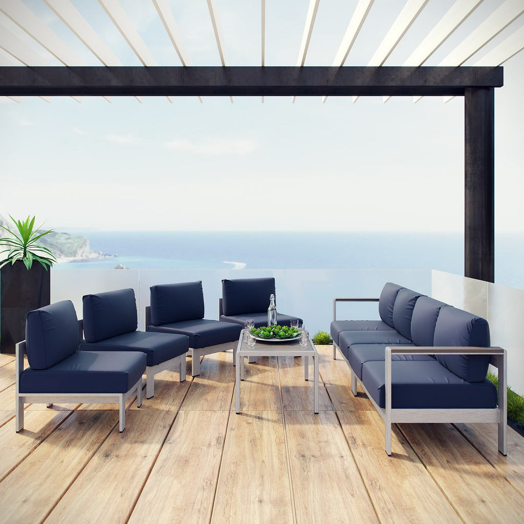 Shore 7 Piece Outdoor Patio Sectional Sofa Set - Silver Navy