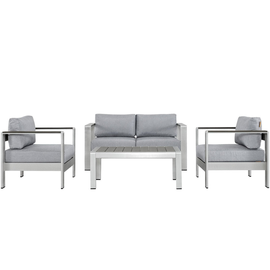 Shore 4 Piece Outdoor Patio Aluminum Sectional Sofa Set - Silver Gray (2 Armchairs, Coffee Table, Loveseat)