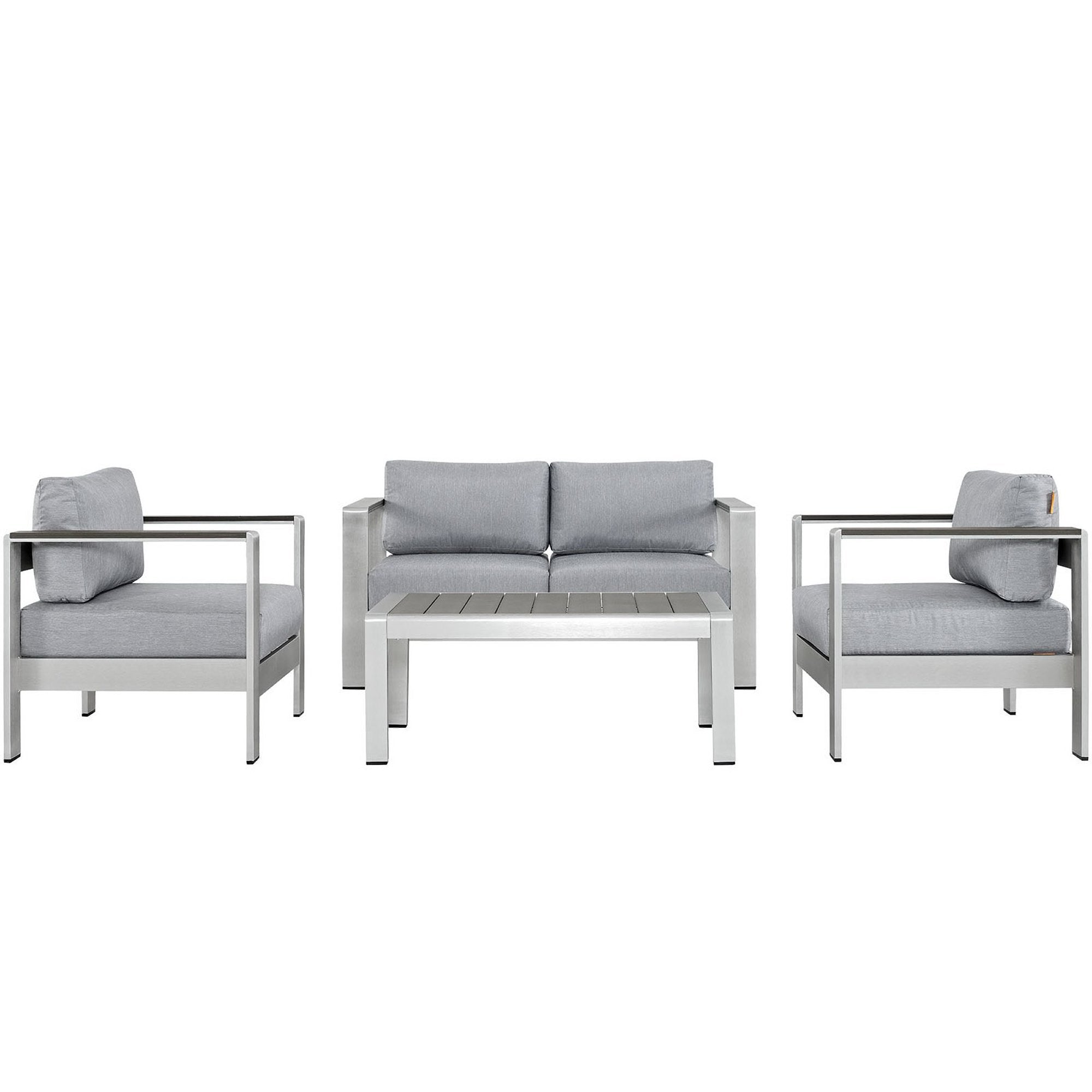 Shore 4 Piece Outdoor Patio Aluminum Sectional Sofa Set - Silver Gray (2 Armchairs, Coffee Table, Loveseat)