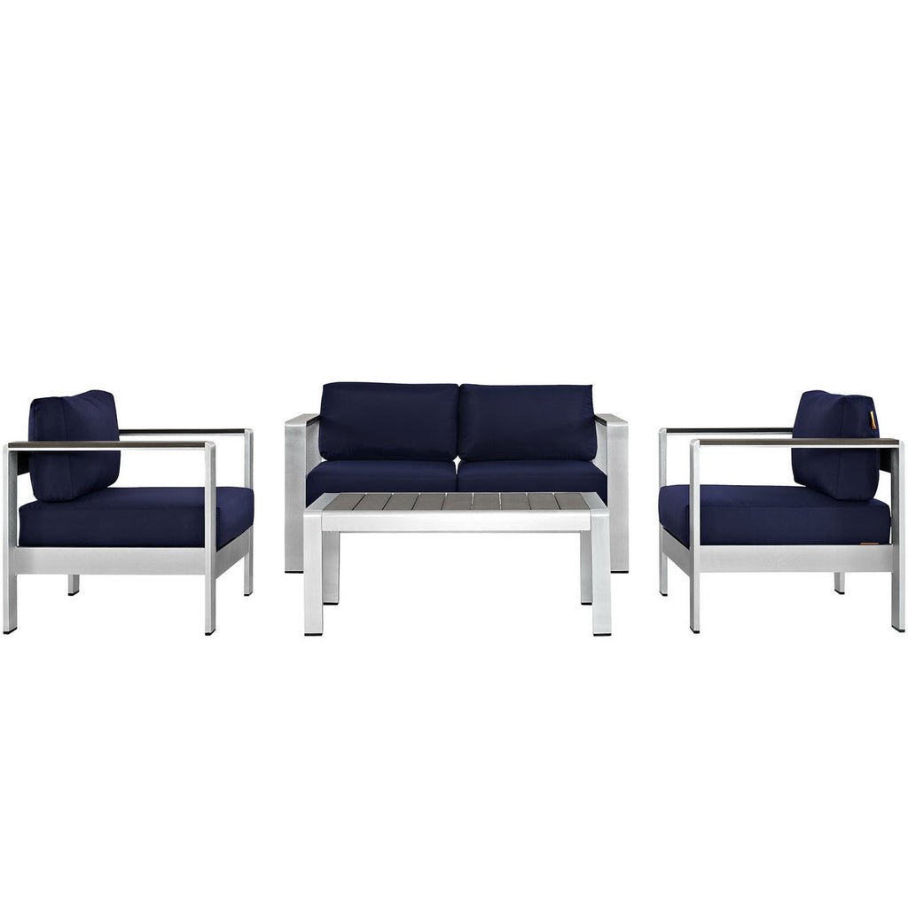Shore 4 Piece Outdoor Patio Aluminum Sectional Sofa Set - Silver Navy (2 Armchairs, Coffee Table, Loveseat)