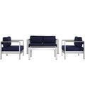 Shore 4 Piece Outdoor Patio Aluminum Sectional Sofa Set - Silver Navy (2 Armchairs, Coffee Table, Loveseat)
