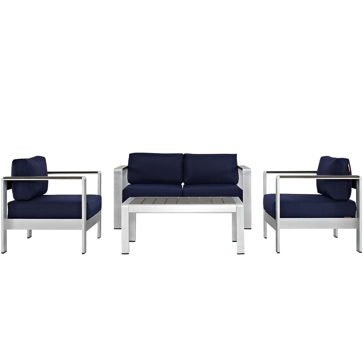 Shore 4 Piece Outdoor Patio Aluminum Sectional Sofa Set - Silver Navy (2 Armchairs, Coffee Table, Loveseat)
