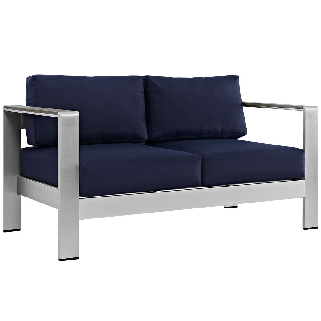 Shore 4 Piece Outdoor Patio Aluminum Sectional Sofa Set - Silver Navy (2 Armchairs, Coffee Table, Loveseat)