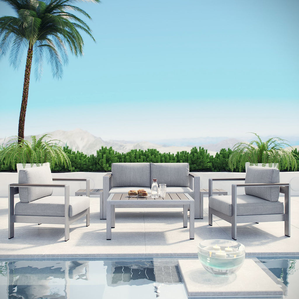 Shore 6 Piece Outdoor Patio Aluminum Sectional Sofa Set - Silver Gray (2 Armchairs, Coffee Table, Loveseat, 2 Side Tables)